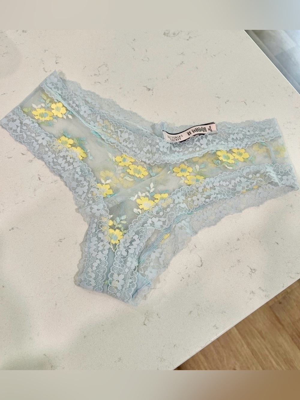 Victoria's Secret Light Blue Lace Cheeky Panty with Yellow Floral Accents